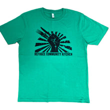 Load image into Gallery viewer, Refugee Community Kitchen Logo 100% organic cotton T-Shirt -New colour combinations!