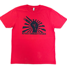 Load image into Gallery viewer, Refugee Community Kitchen Logo 100% organic cotton T-Shirt -New colour combinations!